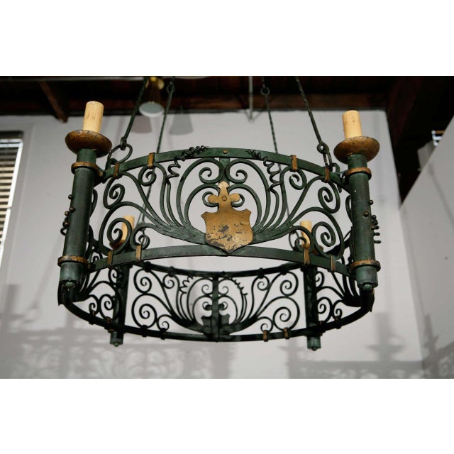 Green Filigreed Green With Gold French Iron Chandelier For Sale - Image 8 of 11