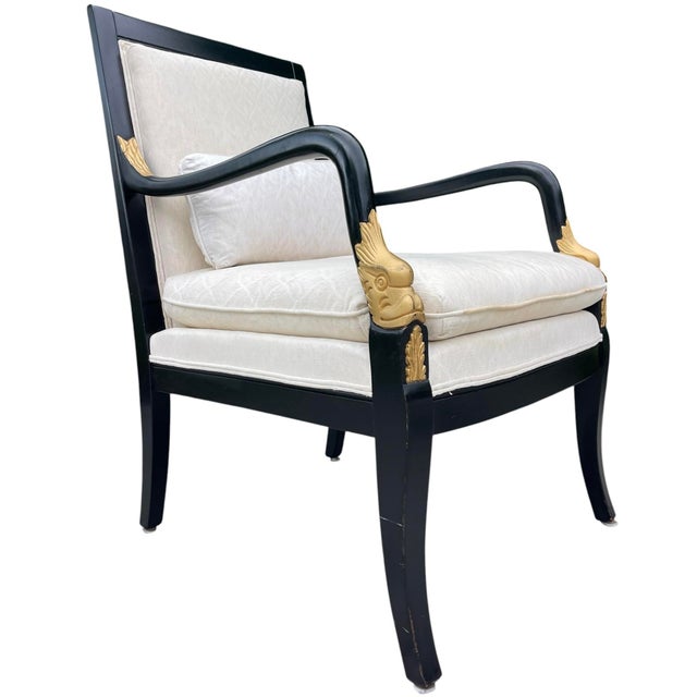 Hollywood Regency Vintage Ethan Allen Neoclassical Black & Gold Accent Armchair For Sale - Image 3 of 12