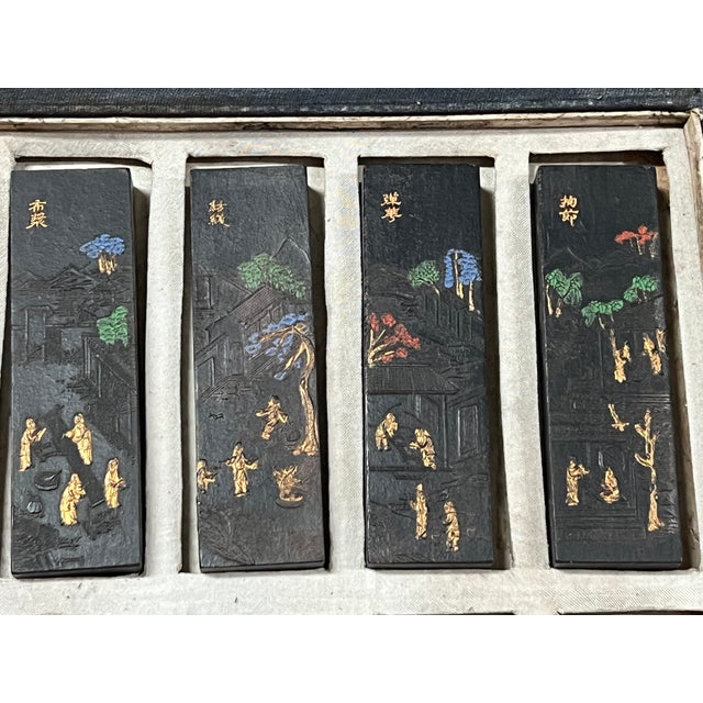 Drawing/Sketching Materials Set of Sixteen Chinese Art Calligraphy Black Ink Sticks With Landscape and Poem Decoration For Sale - Image 7 of 14