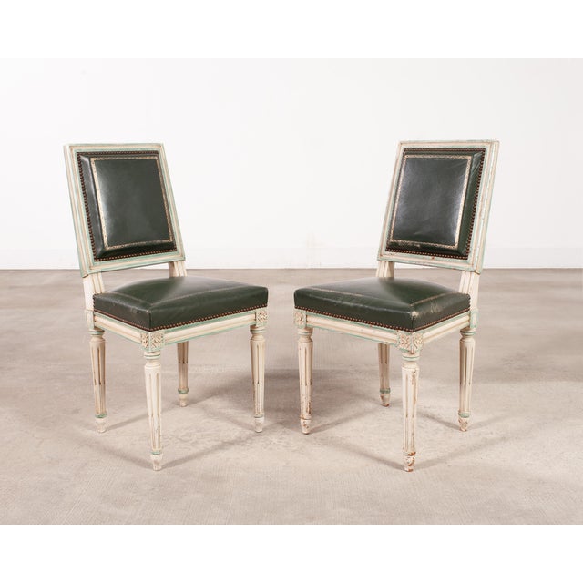 1940s Set of Six Louis XVI Style Painted Dining Chairs Green Leather For Sale - Image 5 of 18