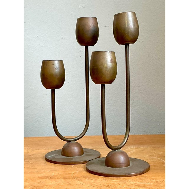 Vintage Brass Modernist Candlesticks - A Pair For Sale - Image 12 of 15