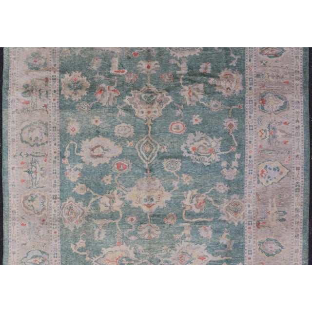 Green Color Turkish Oushak Rug Made with Hand Spun Wool & All-Over Design. Turkish Oushak Rug With Green, Taupe, Tan,...