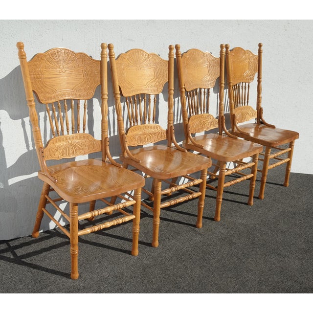 French Country Set of Four Vintage Golden Oak Pressed Back Dining Room Chairs ~ French Country For Sale - Image 3 of 15