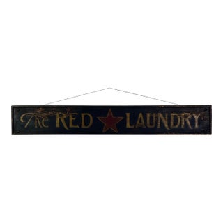 Early 20th Century Antique Large "The Red ★ Laundry" Horizontal Wood Sign With Gold Whimsical Lettering & Red Star For Sale