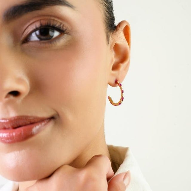 Ruby Red Art Deco-Inspired Natural Ruby & Diamond Hoop Earrings in 14k Gold- 2 Pieces For Sale - Image 8 of 14