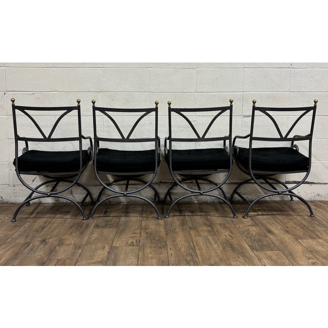 Vintage Iron & Brass Curule Italian Savonarola Dante Style Saddle Dining Chairs For Sale - Image 9 of 11