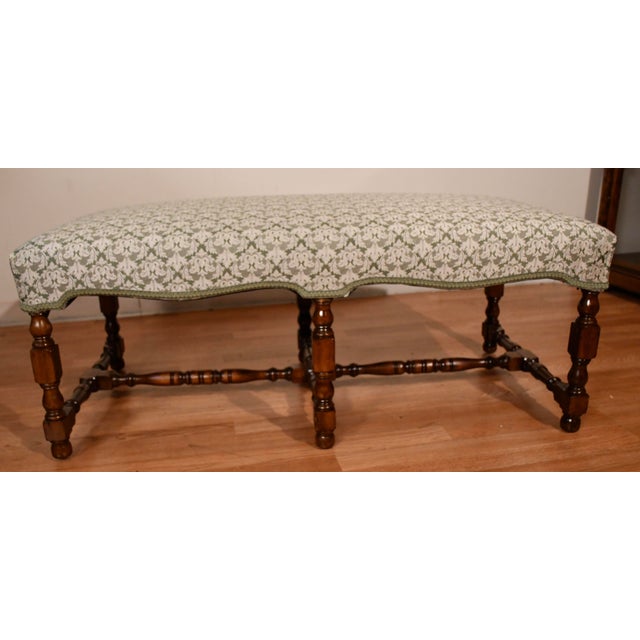 1900s Antique Jacobian Revival Walnut Turned Legs Window Bench / New Upholstery For Sale - Image 4 of 13