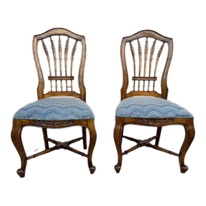 Late 20th Century Pair of French Country Style Wheat Sheaf Back Upholstered Dining Chairs