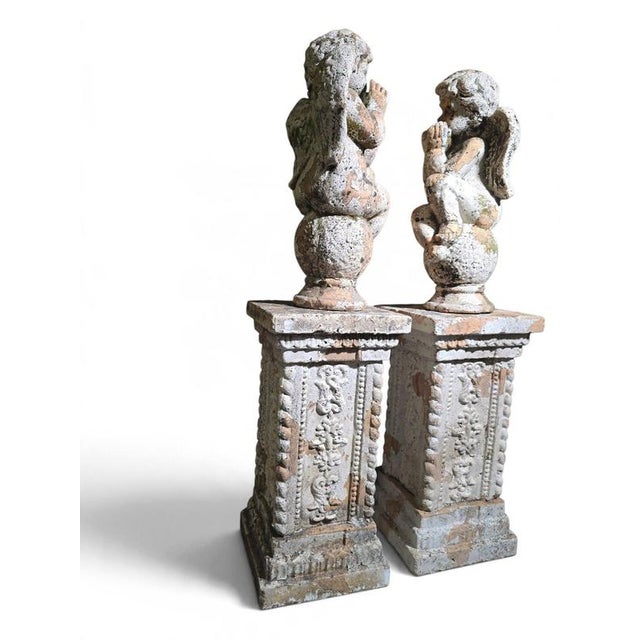19th Century Italian Terracotta Cherub Sculptures on Pedestals, 1890, Set of 2 For Sale - Image 9 of 11