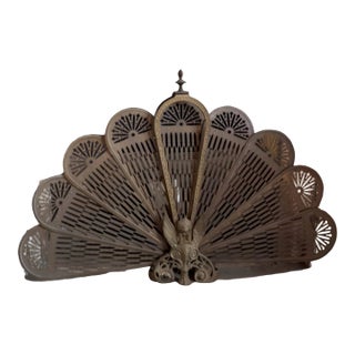 Antique Brass Peacock Folding Fan Fireplace Screen For Sale