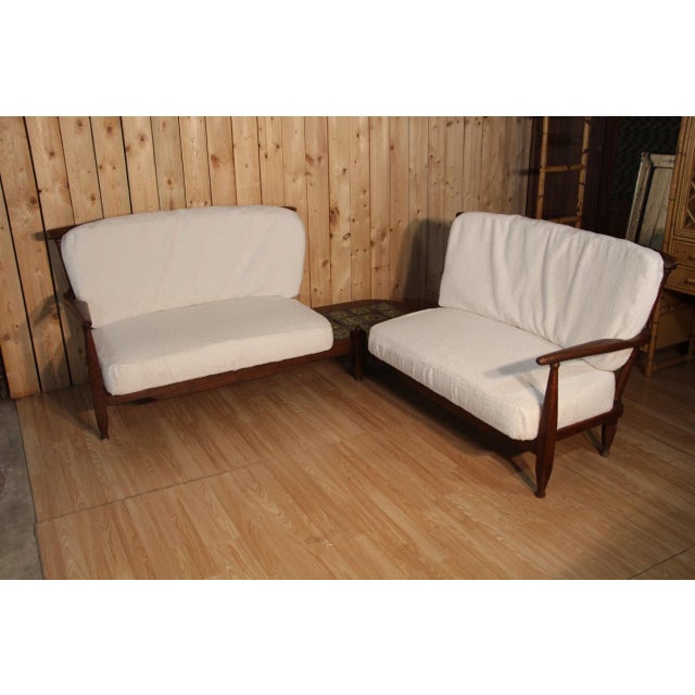 This sofa was made of medium oak. Beautiful patina. The ceramic tiles are original and by Boleslaw Danilowski. A very...