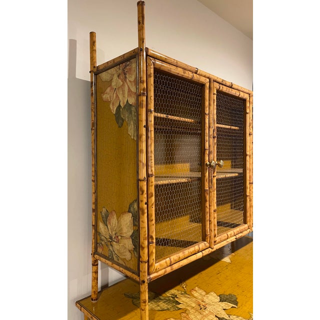 Vintage Tortoiseshell Bamboo Large Floral Decoupage Chinoiserie Display Cabinet For Sale - Image 4 of 15