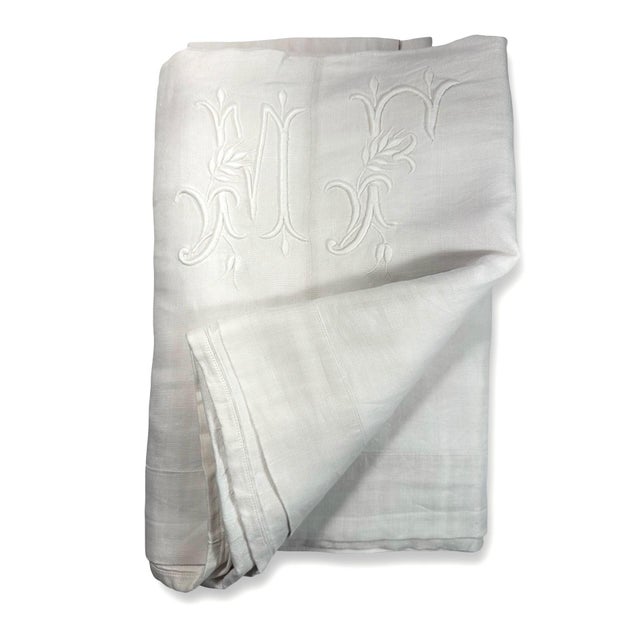 Antique French Heavy Linen Sheet, Mf Monogram, Hand Embroidered, Center Seam, Circa 1900 For Sale - Image 11 of 11
