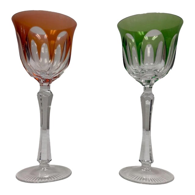 Vintage Mid-Century Bohemian Cut-to-Clear Harlequin Crystal Wine Glasses - Pair For Sale