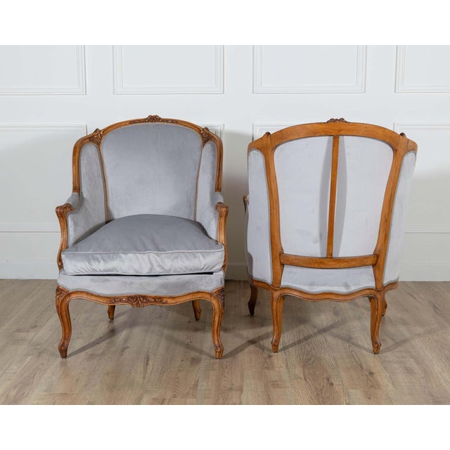 Pair of Louis XV-Style Beech Gondola Armchairs in Gray Velvet, 20th Century For Sale - Image 14 of 15