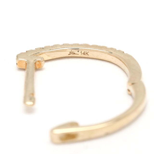 Modern Thin Diamond Huggie Hoop Earrings, 14k Yellow Gold, Length .5 In. For Sale - Image 3 of 3