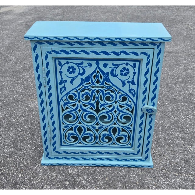 Wood Hand Painted Mediterranean Medicine Cabinet / Wall Shelf / Turquoise and Blue Zouak For Sale - Image 7 of 7