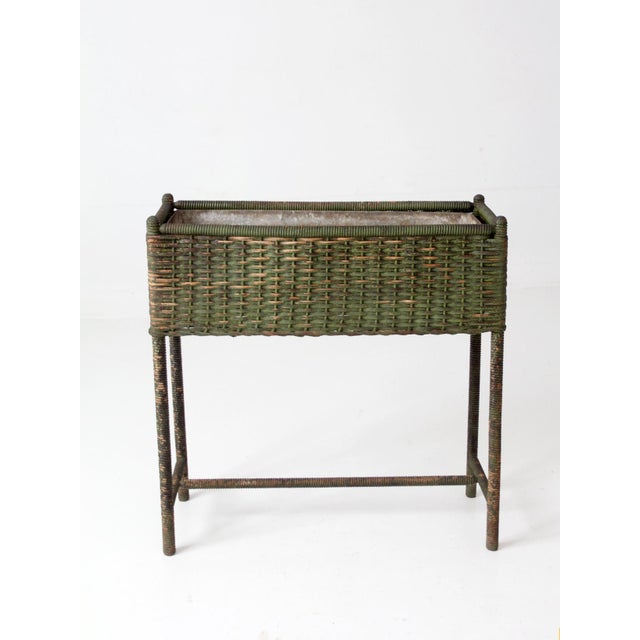 Antique Green Painted Wicker Jardinière Planter With Metal Liner For Sale - Image 17 of 17