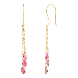Three Layered Ruby Drop Earrings in 18k Solid Gold- A Pair For Sale