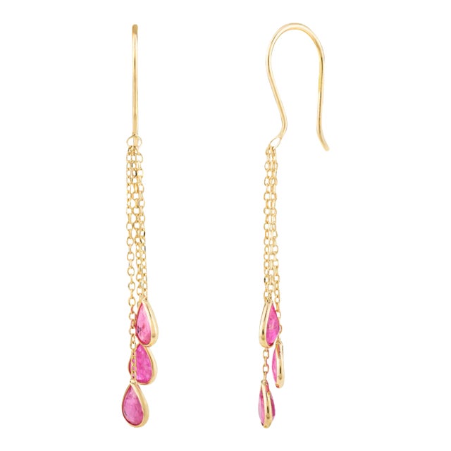 Three Layered Ruby Drop Earrings in 18k Solid Gold- A Pair For Sale