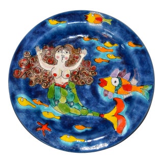 Italian Desimone Hand Painted Pottery Round Decor Plate Mermaid & Fish in Ocean For Sale