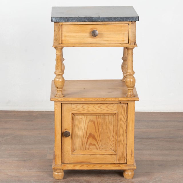 Farmhouse Early 20th Century Small Pine Nightstand With Marble Top and Shelf For Sale - Image 3 of 13
