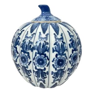 Vintage Chinese Porcelain 10 1/2" Tall Blue and White Pumpkin Chinoiserie Ginger