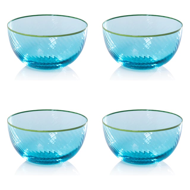 Contemporary Sicilian 4-Piece Set Swirl Glass Serving Bowls, Sea Blue with Green Lip Wrap For Sale - Image 3 of 3