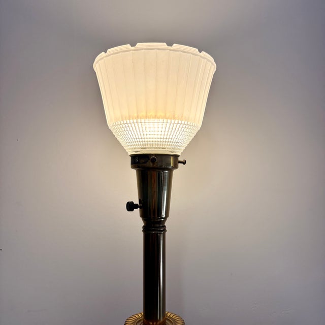 1950s 1950s Rembrandt Masterpiece Brass & Ivory Table Lamps With Original Glass Shades - a Pair For Sale - Image 5 of 14