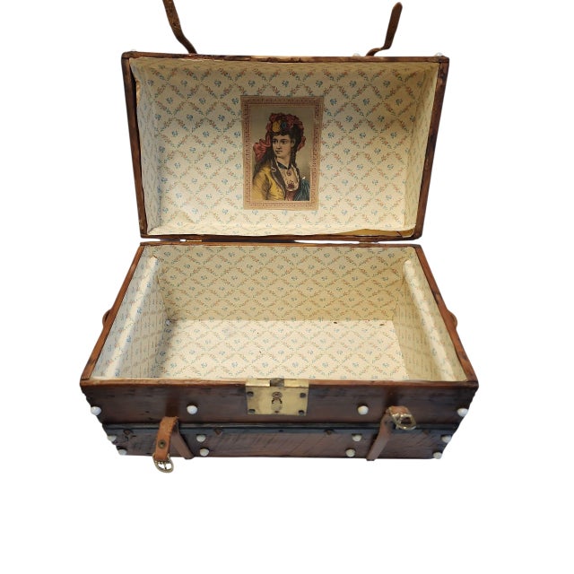 Brown Mid 19th Century Jenny Lind Style Small Carriage Trunk With Currier & Ives Print For Sale - Image 8 of 9