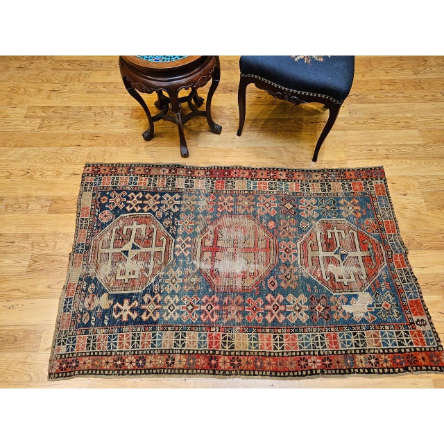 19th Century Caucasian Shirvan Area Rug, Tribal Geometric Pattern, Blue & Ivory, 3’ x 5’ For Sale In Chicago - Image 6 of 17