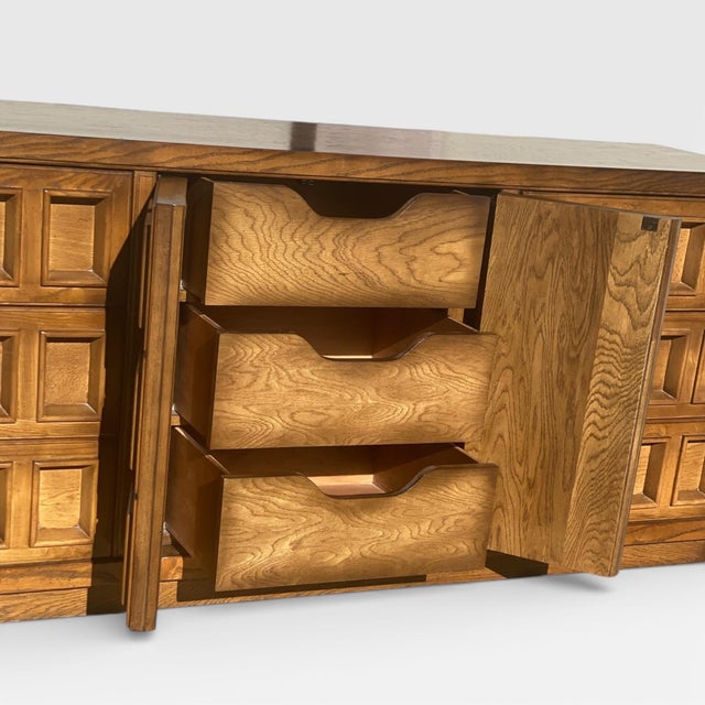 Chestnut Vintage Brutalist Oak Geometric-Front Lowboy Dresser, Mid-Century For Sale - Image 8 of 18