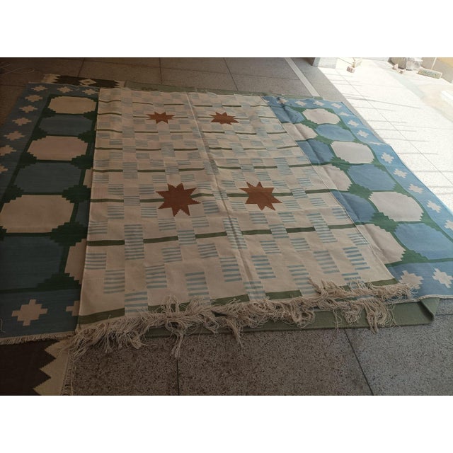 Handmade Cotton Vegetable Dyed Area Rug, White, Sky Blue, Sage Green Star Dash Striped Dhurrie-5'x8' For Sale - Image 9 of 13