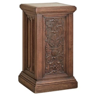 Antique French Carved Oak + Marble Top Pedestal For Sale
