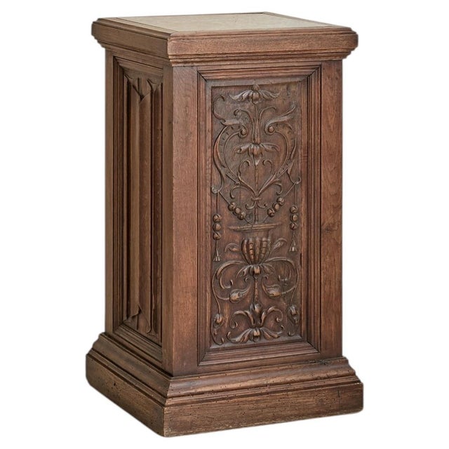 Antique French Carved Oak + Marble Top Pedestal For Sale