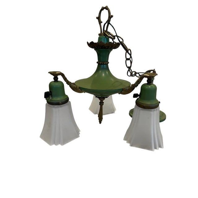 Metal Antique Art Deco Brass Pan 3 Light Chandelier Ceiling Light 1920s Green & Gold For Sale - Image 7 of 12