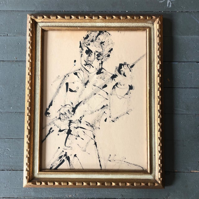 1970s Original Vintage Abstract Ink Drawing Man With Pole Vintage Frame For Sale - Image 5 of 5