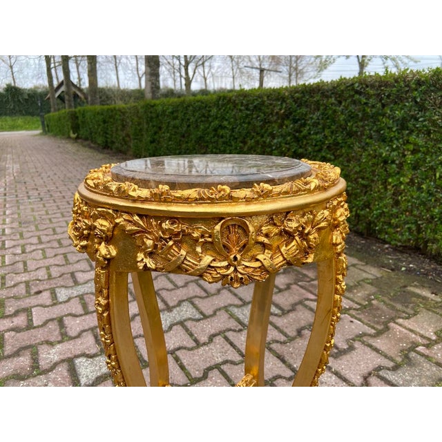 1980s French Louis XVI Gold Beech Marble Side Tables Pair For Sale - Image 11 of 12