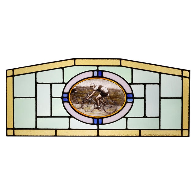 Art Deco Stained Glass Panel Depicting Cyclists in Motion, Belgium, 1910s For Sale - Image 11 of 11