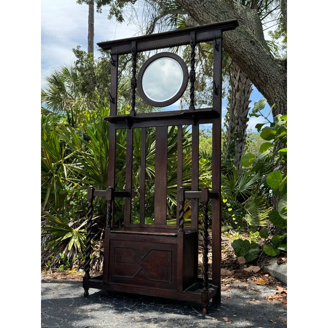 Brown Antique Barley Twist Hall Tree With Mirror, Storage Bench & Umbrella Stands For Sale - Image 8 of 8
