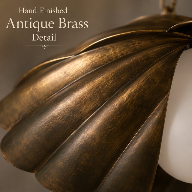 Scalloped Brass Semi Flush Ceiling Light, Vintage Flower Pendant Fixture With Milk Glass Globe For Sale - Image 11 of 12