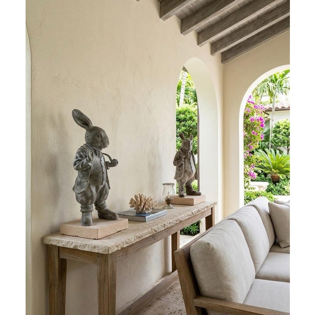 Greige Vintage Cast Iron Gentleman Rabbit Garden Statues - Set of 2 Dapper Hare Figures (Pipe & Goblet) For Sale - Image 8 of 12