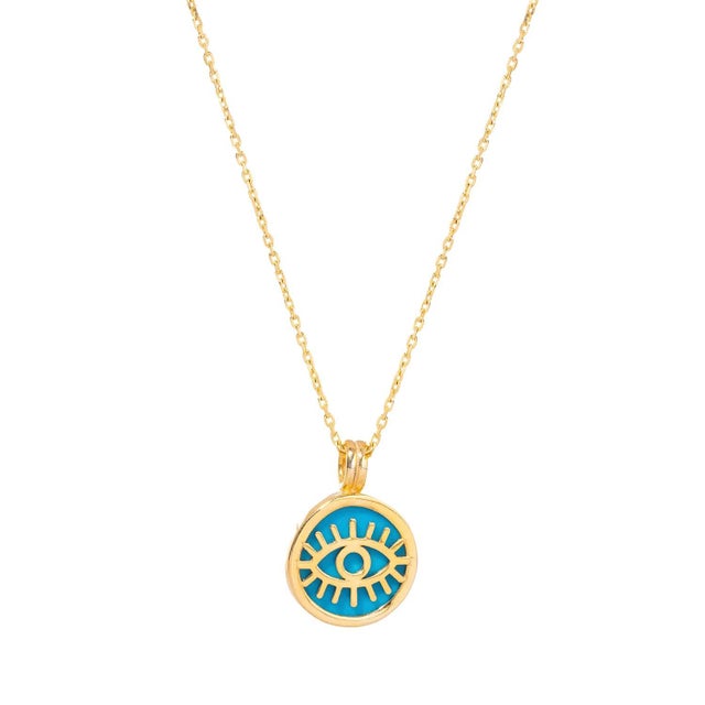 Turquoise & Gold Round Evil Eye Pendant Talisman Necklace For Sale - Image 9 of 9