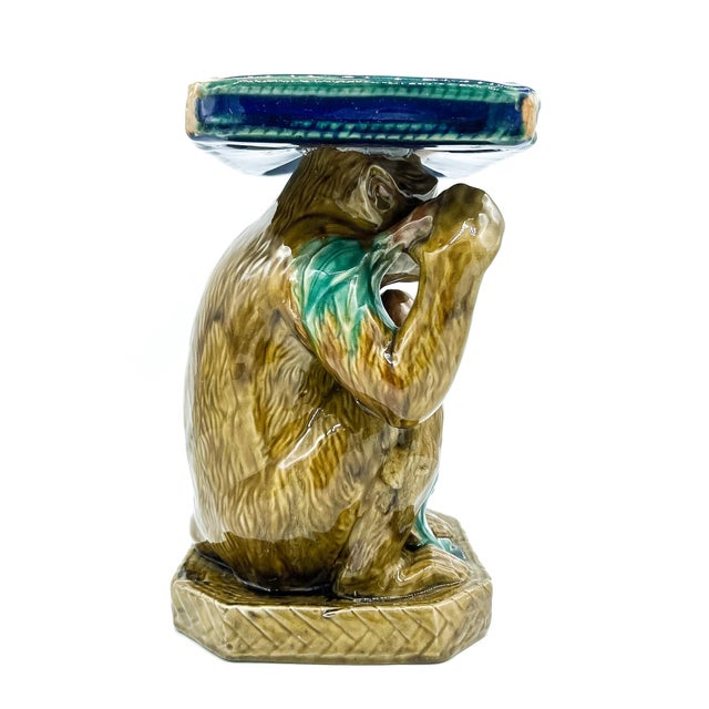Olive Vintage Majolica Ceramic Monkey Plant Stand – Blue & Green Glazed Chinoiserie / Hollywood Regency For Sale - Image 8 of 12