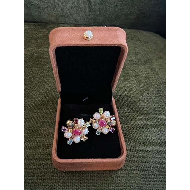 Bochic "Orient" Vintage Retro Multi Gem Burst Earrings Set 18K Gold & Silver For Sale - Image 12 of 18