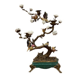 Faux Malachite Bronze Ormolu Birds Candleholder-2 Available For Sale