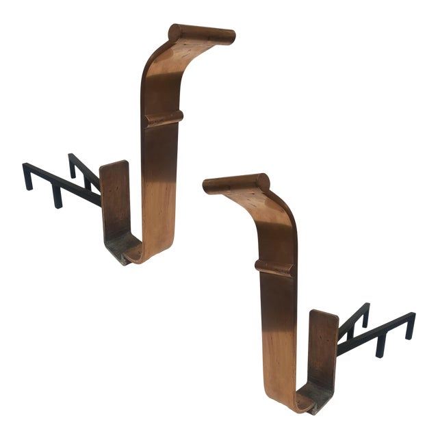 1930s Art Deco Modernist Copper and Iron Firedogs / Andirons, Pair For Sale