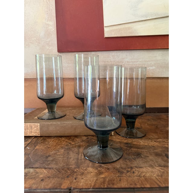 Gray Set of Five (5) Vintage Smoky Blue Gray Glass Goblets Attributed to Dartington For Sale - Image 8 of 10