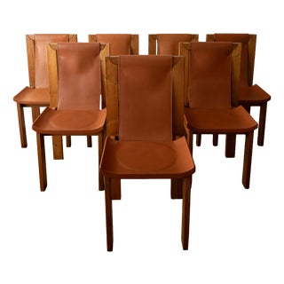 Brutalist Elm and Leather Dining Chairs attributed to Giovanni Luigi Gorgoni for Roche Bobois, 1970s, Set of 7 For Sale