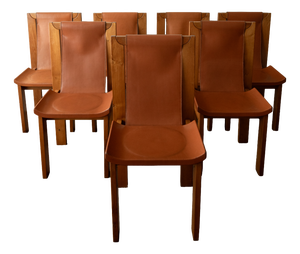 Brutalist Elm and Leather Dining Chairs attributed to Giovanni Luigi Gorgoni for Roche Bobois, 1970s, Set of 7